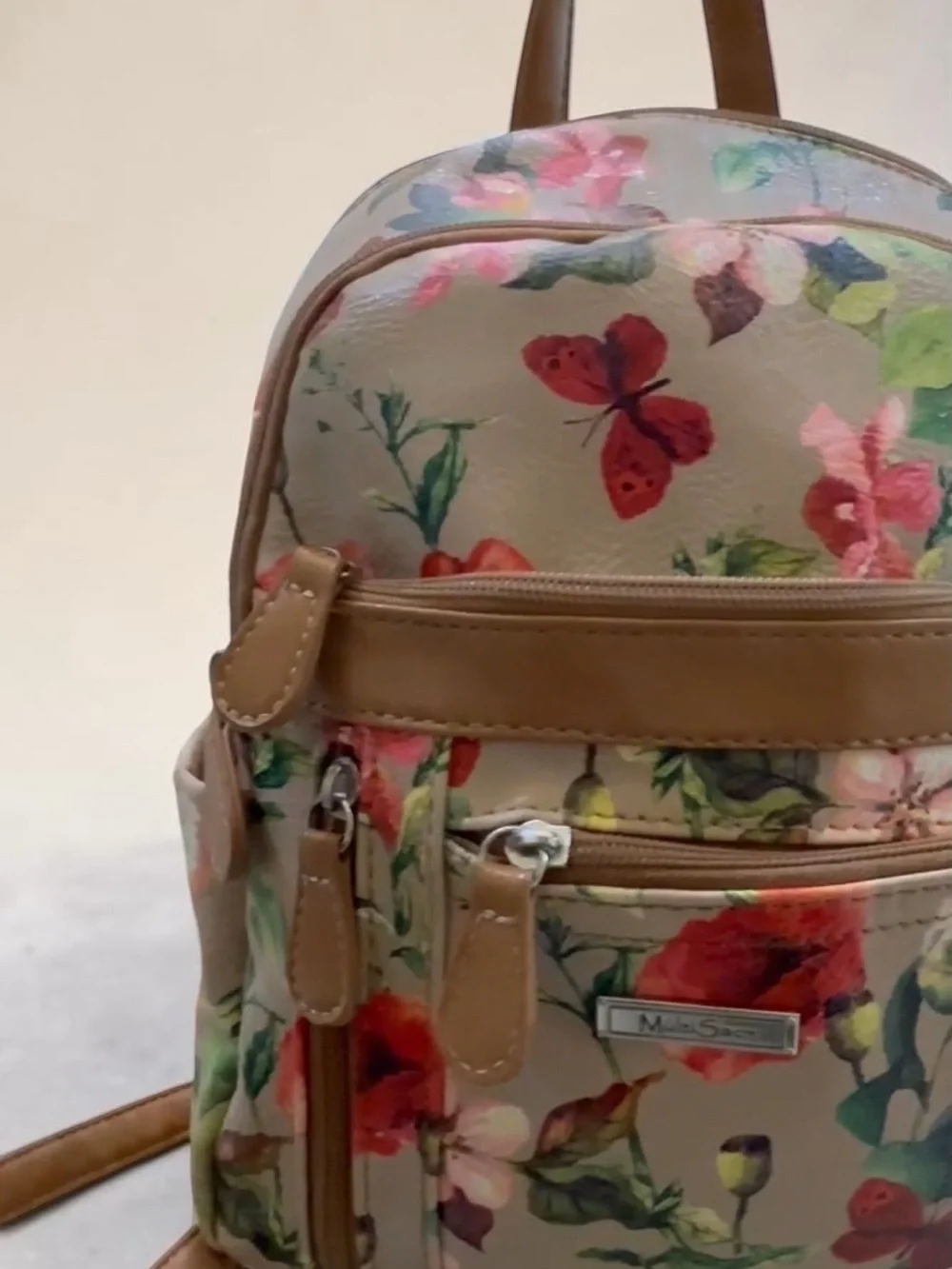 Floral Mini Backpack with Tan Trim - Beige Multicolor
